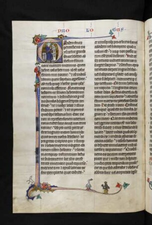 Deckfarbeninitiale T mit bewohnten Randausläufern, historisiert: Hieronymus als Autor