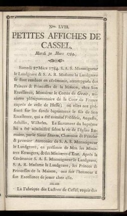 No LVIII (Mardi 30 Mars 1784)