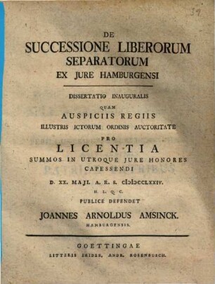 De successione liberorum separatorum : ex iure Hamburgensi