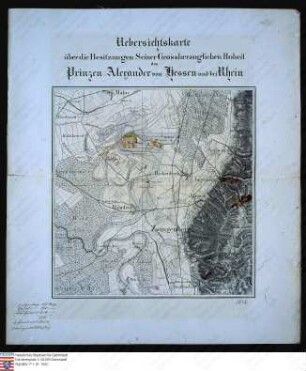 Karte des Gebietes zwischen Hahn, Malchen, Auerbach und Langwaden mit Besitzungen des Prinzen Alexander von Hessen und bei Rhein