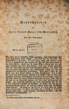 Sendschreiben an Herrn Eduard Sulzer von Winterthur