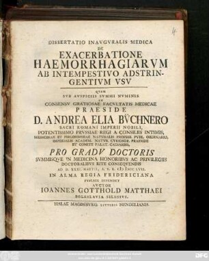 Dissertatio Inavgvralis Medica De Exacerbatione Haemorrhagiarivm Ab Intempestivo Adstringentivm Vsv