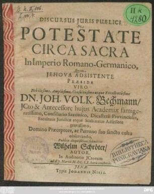 Discursus Iuris Publici De Potestate Circa Sacra In Imperio Romano-Germanico