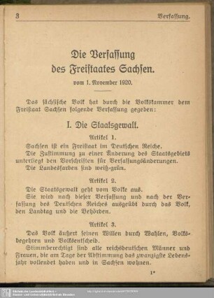 Die Verfassung des Freistaates Sachsen : vom 1. November 1920