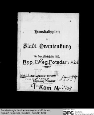 Haushaltsplan der Stadt Oranienburg für das Rechnungsjahr 1914