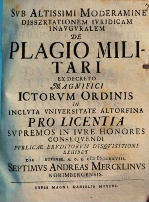 Diss. iur. inaug. de plagio militari