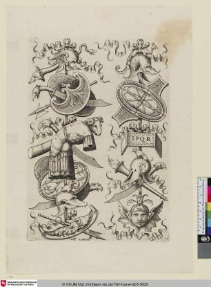 [Deux trophées. On remarque au milieu du premier une cuirasse, le dos courbé en arrière; Two Trophies with a Breat-Plate and Ram's Head; Trophäe mit einem Brustpanzer und einem Widderkopf]
