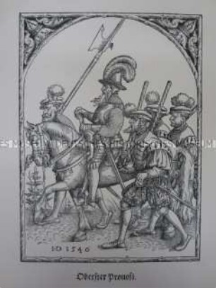 Kriegerdarstellung, Oberster Profoss zu Pferde, begleitet von drei Profossen mit Amtsstäben und einem Knecht mit Hellebarde, 1546/1559.