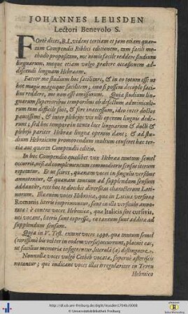 Johannes Leusden Lectori Benevolo S.