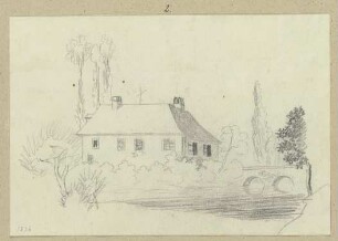 Haus mit Brücke an einem Gewässer