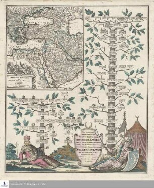Neu Invent. Genealogischer Stamm-Baum Der Griechisch. Kaÿser Welche Theils Zu Constantinopel Theils Zu Trapezunt Residiret : Desgleichen ein Stamm Baum Der Türckischen Kaÿser Bis Auf Den Heüt Zu Tag Regierenden Sultan