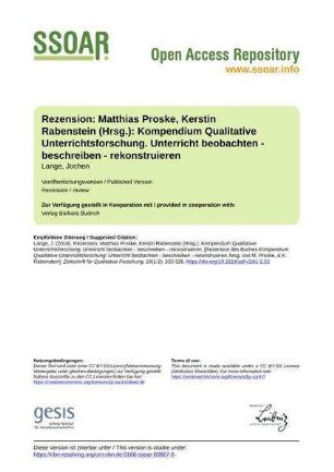 Rezension: Matthias Proske, Kerstin Rabenstein (Hrsg.): Kompendium Qualitative Unterrichtsforschung. Unterricht beobachten - beschreiben - rekonstruieren