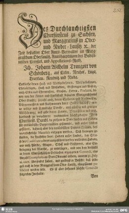 Des Durchlauchtigsten Churfürstens zu Sachßen und Marggrafens in Ober- und Nieder-Lausitz [et] c. der Zeit bestallter Ober Amts-Verwalter im Marggrafthum Oberlausitz, Amtshauptmann des Budißinischen Creyßes, und Appellations-Rath, ...