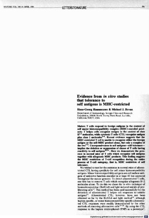Evidence from in vitro studies that tolerance to self antigens is MHC-restricted