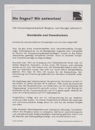 "Sie fragen? Wir antworten! Steinkohle und Umweltschutz"