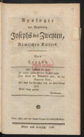 Apologie der Regierung Josephs des Zweyten, Römischen Kaisers