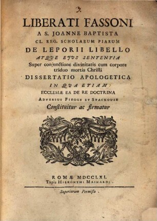 De Leporii libello super coniunctione divinitatis cum corpore triduo mortis Christi dissertatio