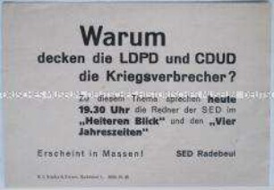 Einladung zu einer Versammlung der SED-Ortsgruppe über die Haltung zu Kriegsverbrechern