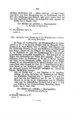 Hergabe des Bauholzes bei Schulbauten in der Provinz Preußen : [III. Elementarschulwesen]