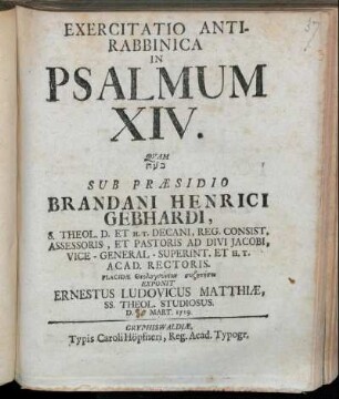 Exercitatio Anti-Rabbinica In Psalmum XIV