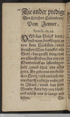 Die ander predigt Des Kirchen Calenders, Vom Jenner. Syrach. 50,24