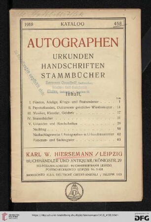 Nr. 458: Katalog: Autographen, Urkunden, Handschriften, Stammbücher