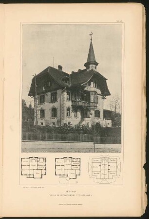 Villa Ottostraße 2, München: Grundrisse und Perspektive (aus: Stadt- und Landhäuser, hrsg. von Ernst Wasmuth, Berlin 1894)