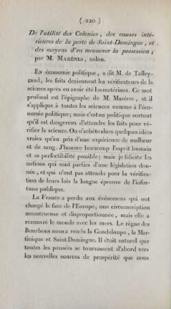 De l'utilité des Colonies, des causes intérieures de la perte de Saint-Domingue, ... ; par M. Mazères, colon.