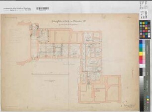 Münster (Münster) Schloß (Oberpräsidialflügel) Inventarienzeichnung Blatt 1 Grundriß Kellergeschoß mit Leitungsanlagen 1901 1 : 100 55 x 78 Lithographie: Bogdan Gisevius, Berlin KSM Nr. 1539,4