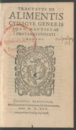 Tractatus De Alimentis Cuiusque Generis Ioan. Baptistae Pontani Advocati Romani.