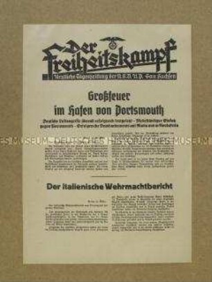 Nachrichtenblatt der Tageszeitung der NSDAP Sachsen "Der Freiheitskampf" zum deutschen Bombenangriff auf Malta und in Nordafrika