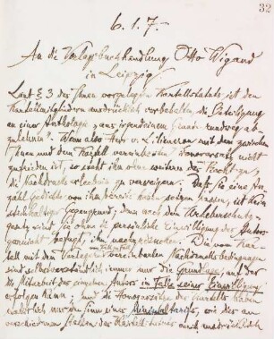 Brief an den Verlag Otto Wiegand