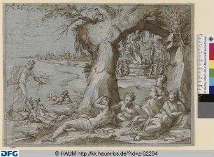 Neptun auf dem Muschelwagen und vier Gestalten am Ufer lagernd, im Hintergrund ein Opfer
