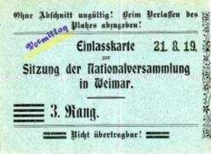 Eintrittskarte für die Nationalversammlung in Weimar