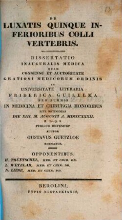 De luxatis quinque inferioribus colli vertebris : Diss. inaug. med.
