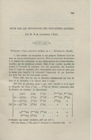 Note sur les invariants des polynomes entiers.