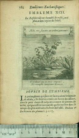Embleme XCII. Le Rossolis toujours humecté de rosée, aux plus ardens rayons du Soleil.