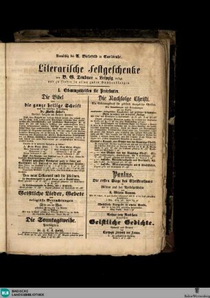 Karlsruher Tagblatt, Vorräthig bei U. Bielefeld in Carslruhe. Literarische Festgeschenke von B.G.Teubner in Leipzig verlegt und zu finden in allen guten Buchhandlungen