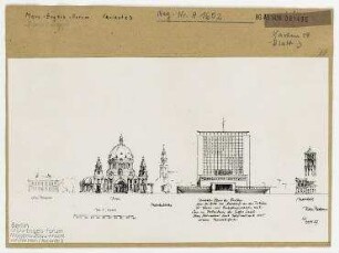 Berlin. Marx-Engels-Forum. Ansichtszeichnung Variante 3. Berlin, Mitte, Stadtzentrum, Schloßplatz (1951 - 1994 Marx-Engels-Platz)/Lustgarten/Jägerstraße/Kaiser-Wilhelm-Straße (1947-1969 Liebknechtstraße, seit 1969 Karl-Liebknecht-Straße)/Spandauer Straße/Königstraße (seit 1951 Rathausstraße)/Alexanderplatz