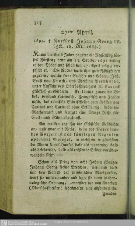 27ter April. 1694. † Kurfürst Johann Georg IV. (geb. 18. Okt. 1668.)