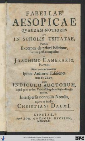 Fabellae Aesopicae Qvaedam Notiores Et In Scholis Usitatae