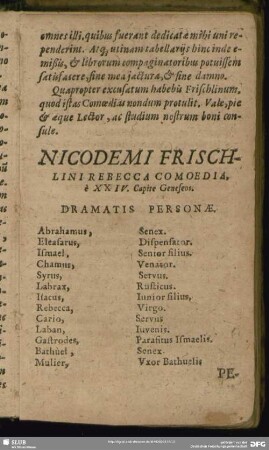 Nicodemi Frischlini Rebecca Comoedia, è XXIV. Capite Geneseos