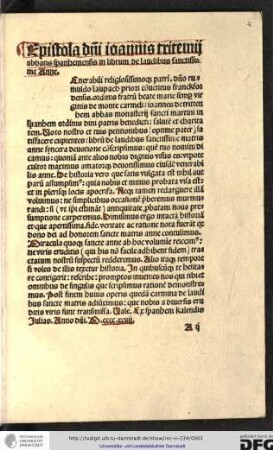 Epistola domini Ioannis Tritemii, abbatis Spanhemensis, in librum de laudibus sanctissime Anne.