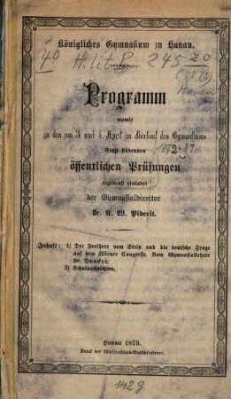 Programm : womit zu der ... stattfindenden Schlußfeier ergebenst einladet. 1873