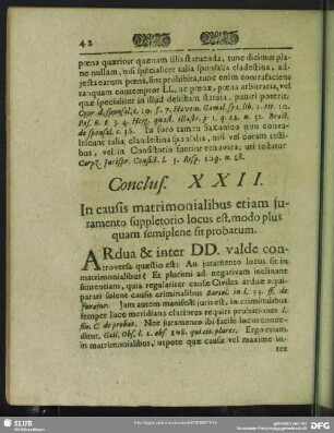 Conclus. XXII. In causis matrimonialibus etiam juramento suppletorio locus est, modo plus quam semiplene sit probatum