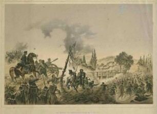 Kampf um die Tauberbrücke von Tauberbischofsheim am 24.07.1866: Soldaten und Offiziere in Uniform, teilweise zu Pferd, in Kampfhandlungen verwickelt, eine Knone wird geladen, Abtransport eines Verwundeten