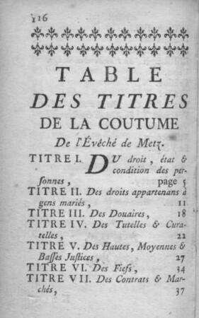 Table des Titres de la Coûtume de l'Évêché de Metz.