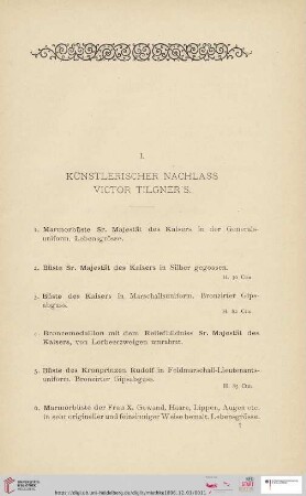 I. Künstlerischer Nachlass Victor Tilgner´s (Nr. 1 - 160)