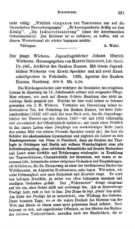 Wichern, Johann Hinrich :: Der junge Wichern, Jugendtagebücher Johann Hinrich Wicherns, hrsg. von Martin Gerhardt : Hamburg, Agentur des Rauhen Hauses, 1925