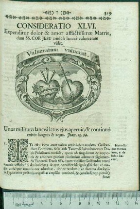 Consideratio XLVI. Expenditur dolor & amor afflictissimæ Matris, dum SS. Cor Jesu crudeli lanceâ vulneratum vidit.